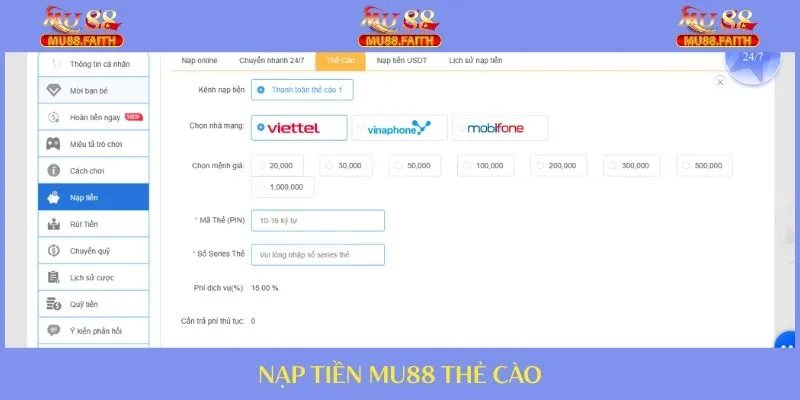 Nạp Tiền - Hướng Dẫn Cược Thủ Thực Hiện Tại Trang MU88 1 Người chơi thực hiện bằng phương thức online